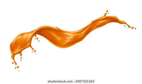 Caramel syrup splash, sauce wave swirl. Isolated golden flow with drops. Juice or toffee squirt. Realistic 3d vector drink slop, liquid sugar candy wavy splosh with creamy texture and spray droplets