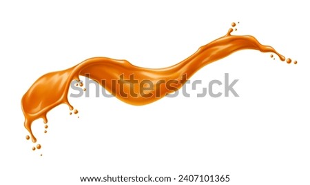 Caramel syrup splash, sauce wave swirl. Isolated golden flow with drops. Juice or toffee squirt. Realistic 3d vector drink slop, liquid sugar candy wavy splosh with creamy texture and spray droplets