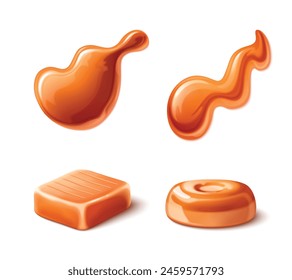 Caramel syrup swirl, liquid toffee cream drop flow. Melt fudge droplet. Abstract sweet food puddle and toffy candy design set on white background. 3d realistic fluid yummy glossy texture paint