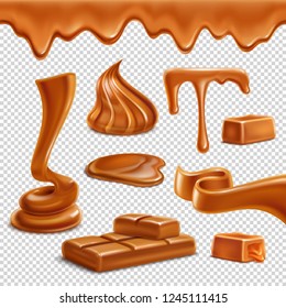 Caramel toffee melted border drops puddles spiral figures candies bar sweets realistic set transparent background vector illustration