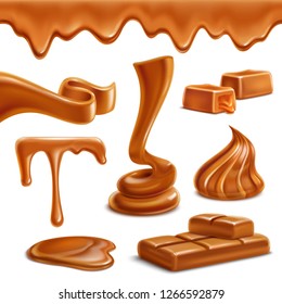 Caramel toffee melted horizontal border drops puddles appetizing spiral figures candies bar sweets realistic set vector illustration