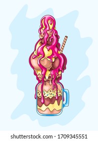 Caramel, vanilla and chocolate cocktails with ice cream, syrup and sprinkles in cocktail jars. Milkshake vector illustration.