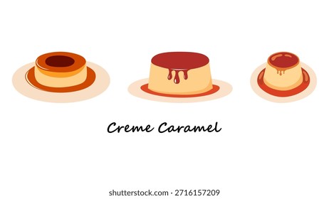 Set de Vector de crema de caramelo. Una Ilustración vectorial de crema de caramelo suave y cremosa cubierta con salsa de caramelo brillante. Perfecto para menús de postres, marcas de panadería, empaques de alimentos, blogs culinarios, carteles, contenido de redes sociales y proyectos de diseño de temática dulce