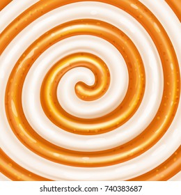 Caramel and yogurt swirls. Dairy and caramel mix. Vector illustration.