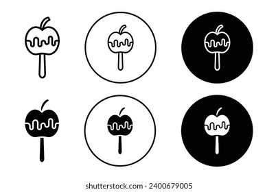 Caramelized apple icon. hot caramel sweet syrup rolling candied fruit candy stick with topping logo set. caramelized apple sugar toffee frosting and covered with caramel coating stick vector symbol