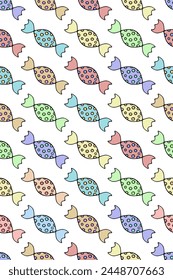 Caramels in colorful wrappers. Seamless vertical vector pattern. An endless collection of delicious candies in spotted wrappers. Isolated colorless background. Cartoon style. Idea for web design.