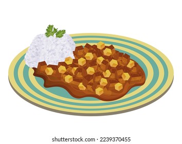 Carapulcra traditional Peruvian dish stew made of dry potatoes, saute with meat. Latin American food. Colorful vector illustration isolated on white background.