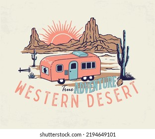 Caravan In American Desert Vector With Typography Design