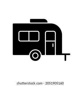 Caravan black glyph icon. Trailer for nomads lifestyle. Roadtrip transportation. Camping trip for traveler. Camper bus. Silhouette symbol on white space. Vector isolated illustration