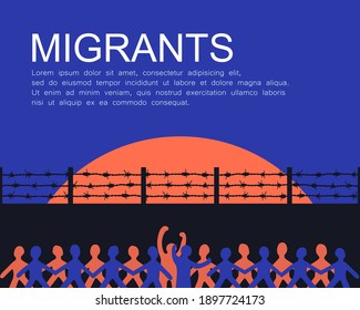 the caravan of blocked migrants. the hope of refugees crossing the border. illegal immigration. emigration and freedom concept. country boundary wall. restricted immigrants. crowded people silhouette.