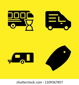 caravan, bodyboard, delivery truck and bus vector icon set. Sample icons set for web and graphic design