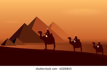 Caravan camels among desert and pyramids. Vector