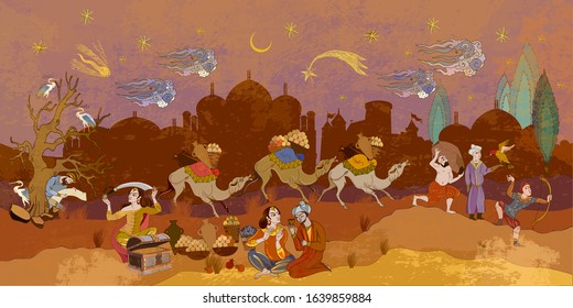Caravan camels. Ancient civilization murals. Ottoman Empire book miniature. Persian frescoes. Fairy tales and legends of the Middle East. Medieval miniature. Mughal art 
