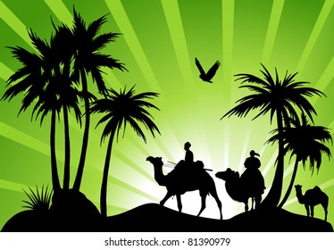 caravan of camels in a black oasis
