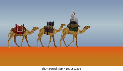 Caravan of camels in the desert against the background of a dimming sky. Vector illustration