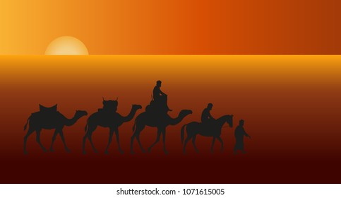 Caravan of camels in the desert against the setting sun. Vector illustration