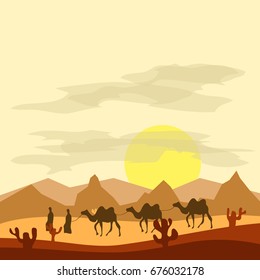 Caravan of camels in the desert, Bedouins lead camels through the desert. Flat design, vector illustration, vector.