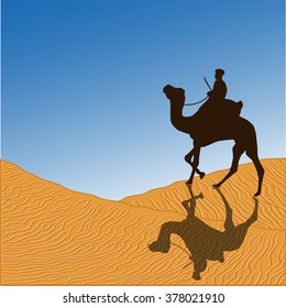 Caravan with camels in desert with dunes on background. Vector illustration