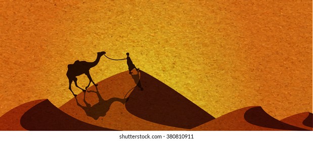 Caravan with camels in desert with dunes on background. Vector illustration