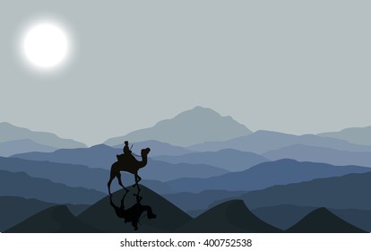 Caravan with camels in desert with dunes on background. Vector illustration