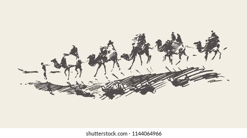 Caravan of camels in desert, hand drawn vector illustration, sketch