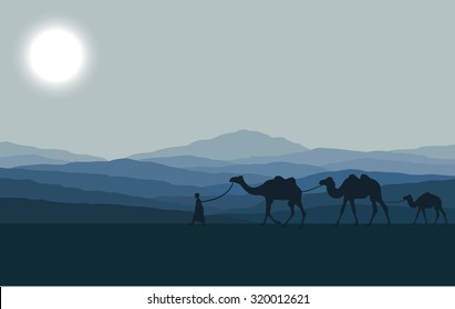 Caravan with camels in desert with mountains on background. Vector illustration