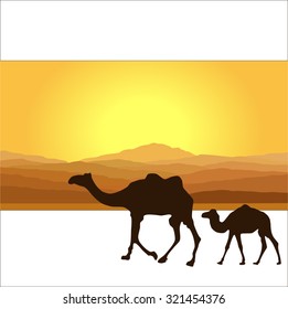 Caravan with camels in desert with mountains on background. Vector illustration