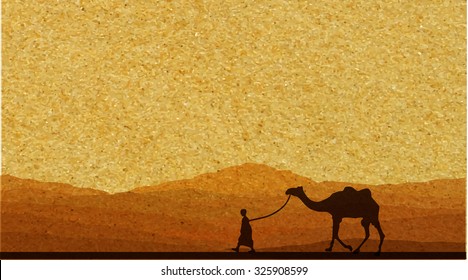 Caravan with camels in desert with mountains on background. Vector illustration