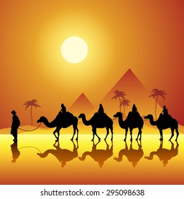 Caravan with camels in desert with pyramids on background. Vector illustration