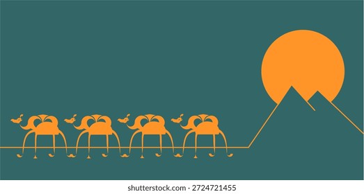 A caravana. Camelos no deserto. Estilização. Etiqueta.