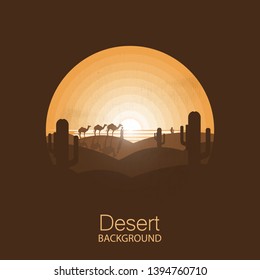 Caravan of camels in the dry desert under sun,Negative space illustration