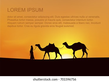 Caravan of Camels Goes to the Arabic Oasis. Panoramic Landscape of the Desert. Silhouette design in a Flat Style. Vector Illustration
