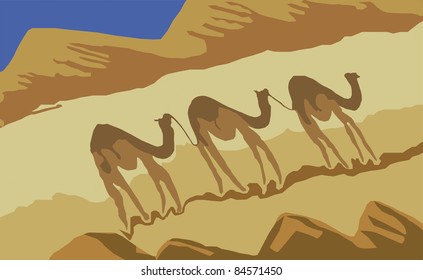 The caravan of camels goes in hot desert