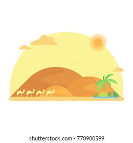 A caravan of camels goes to an oasis among the dunes. Flat design illustration