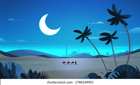 caravan of camels going through night desert eid mubarak greeting card ramadan kareem template arabic landscape horizontal full length vector illustration