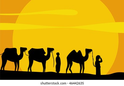 Caravan of camels move on scorching sand of Desert. Vector background