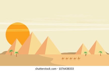 Caravan of camels near Egypt pyramids landscape flat vector