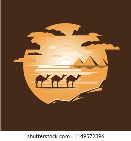 Caravan of camels near Egypt pyramids landscape. Egyptian great pyramids in the desert on a background. Dry desert under sun,Negative space.Flat design