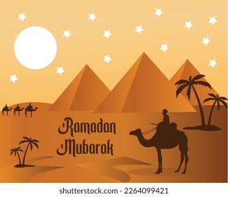 Caravan of camels near Egypt pyramids landscape. Egyptian great pyramids in the desert on a background. Dry desert .Ramadan Kareem. Islamic greeting card template with ramadan for wallpaper design. 