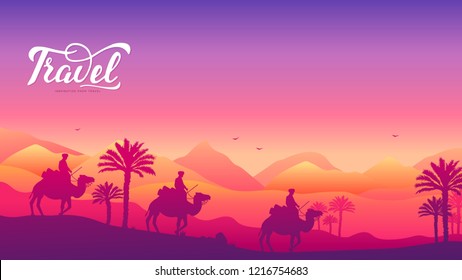 caravan of camels on background of the desert. Traditions of people in the Arab countries concept. Traveling in the desert on camels in the heat. Colorful landscape with travelers