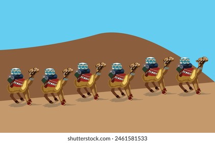 A caravan of camels passing through. Desert sand. Blue sky.