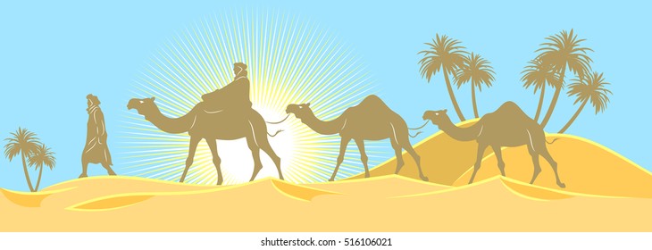 Caravan of camels and people traveling in the wilderness