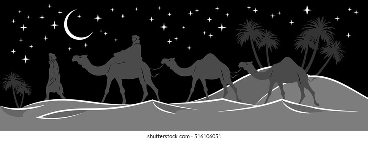 Caravan of camels and people traveling in the wilderness at night