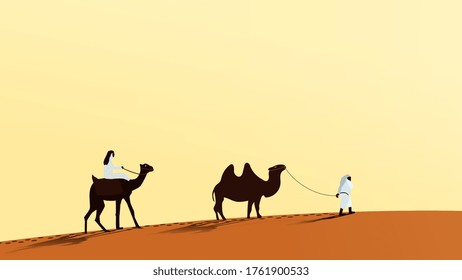 A caravan of camels with people walking along the desert sand. A man rides a camel. The second person leads the camel over the leash. Vector EPS10.