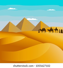 Caravan of camels and people walking near the Egyptian pyramids.illustration.