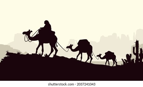 caravan of camels silhouettes style on bright