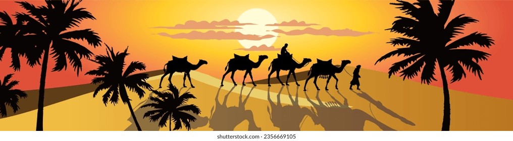 Caravan of camels walking over dunes, coconut trees, sunset, landscape with silhouettes.