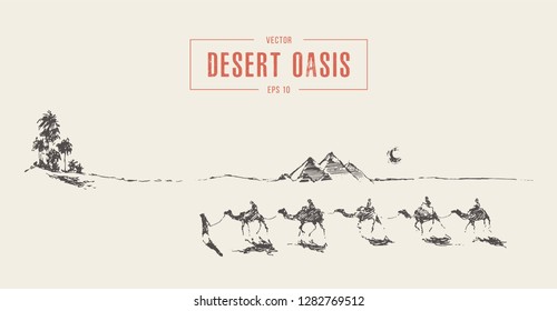 Caravan of camels walking towards oasis in desert, hand drawn vector illustration, sketch