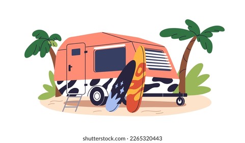 Caravan, camper car, trailer with surfboards. Summer travel van, holiday campervan with surf boards at seaside. RV for surfers vacation. Flat vector illustration isolated on white background