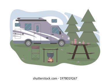 Caravan or camper in the forest. Local summer vacation. Concept vector illustration in flat style in pink, purple, green and blue colors.